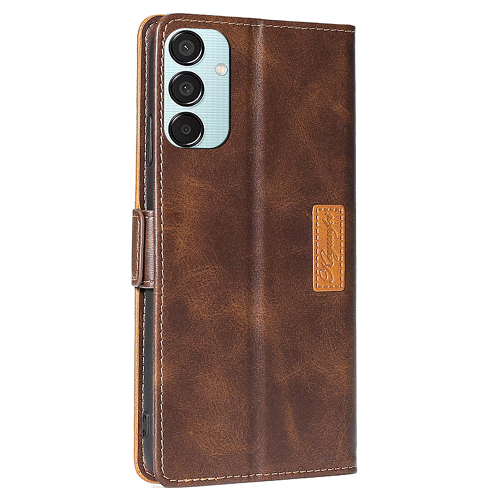 For Samsung Galaxy M15 5G Wholesale Phone Cover Splicing Color Leather Flip Stand Wallet Phone Cover - Dark Brown+Gold