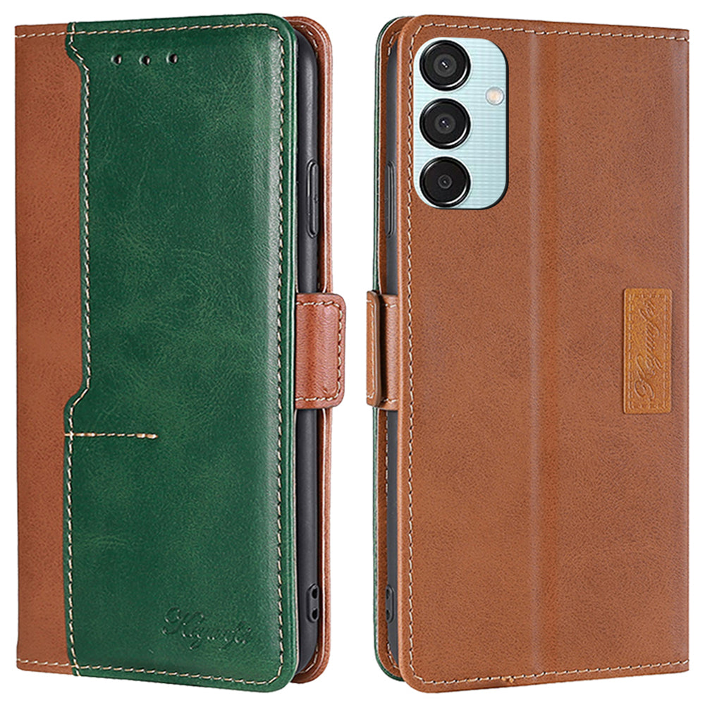 For Samsung Galaxy M15 5G Wholesale Phone Cover Splicing Color Leather Flip Stand Wallet Phone Cover - Light Brown+Green