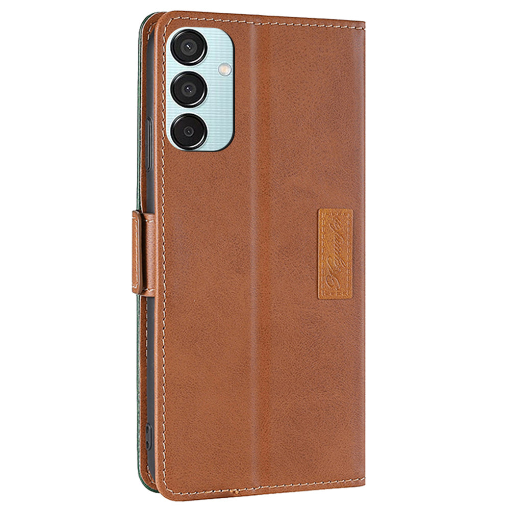 For Samsung Galaxy M15 5G Wholesale Phone Cover Splicing Color Leather Flip Stand Wallet Phone Cover - Light Brown+Green