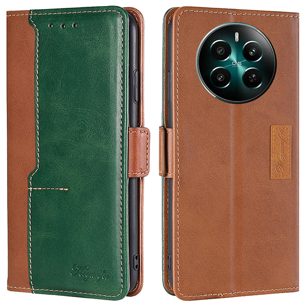 For Realme 12+ 5G Case Dual Color Splicing Leather Phone Cover Mobile Accessories Wholesale - Light Brown+Green