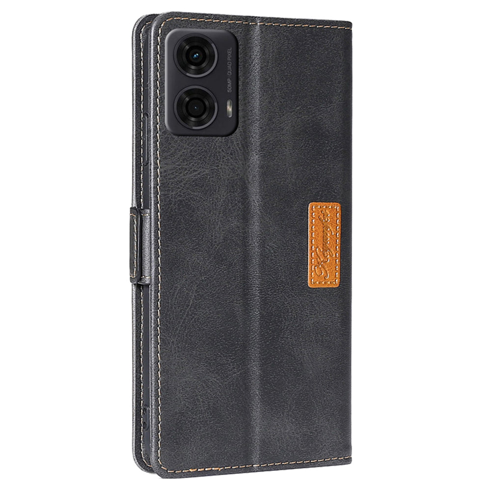 For Motorola Moto G24 4G / G04 4G Case Dual Color Splicing Leather Flip Wallet Phone Cover - Black+Grey