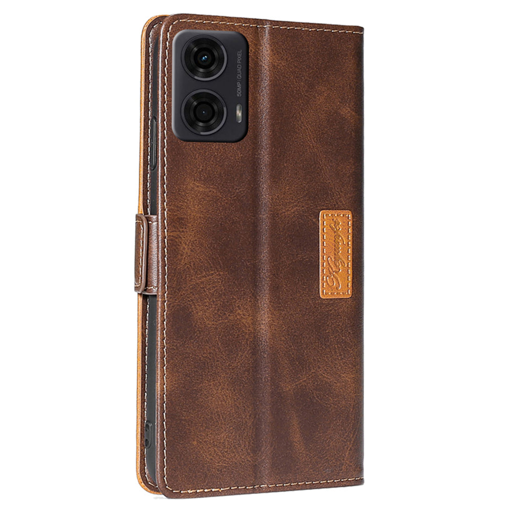 For Motorola Moto G24 4G / G04 4G Case Dual Color Splicing Leather Flip Wallet Phone Cover - Dark Brown+Gold