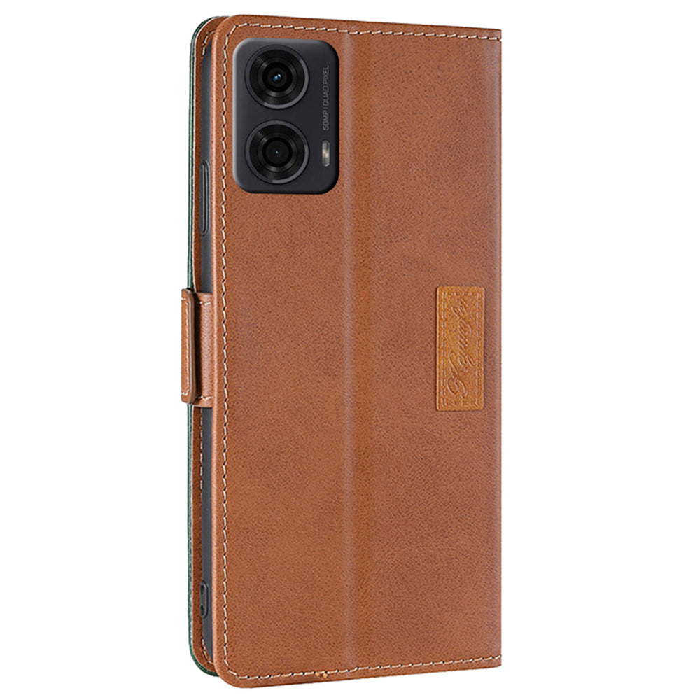 For Motorola Moto G24 4G / G04 4G Case Dual Color Splicing Leather Flip Wallet Phone Cover - Light Brown+Green