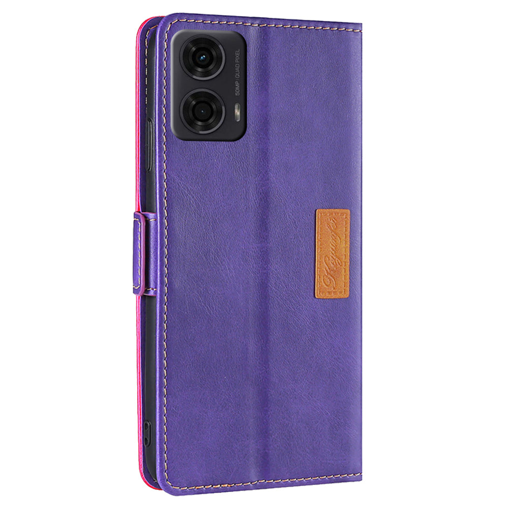 For Motorola Moto G24 4G / G04 4G Case Dual Color Splicing Leather Flip Wallet Phone Cover - Rose+Purple
