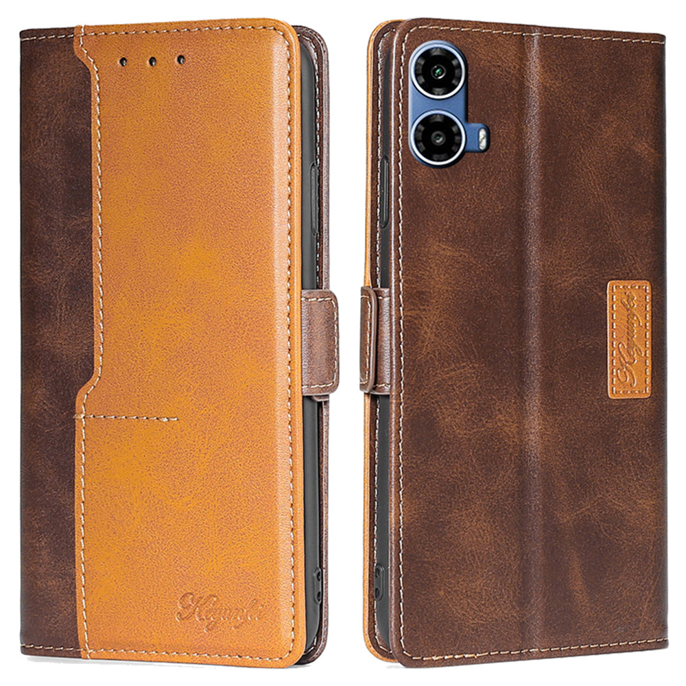 For Motorola Moto G34 5G Wallet Case Dual Color Splicing Leather Phone Cover - Dark Brown+Gold