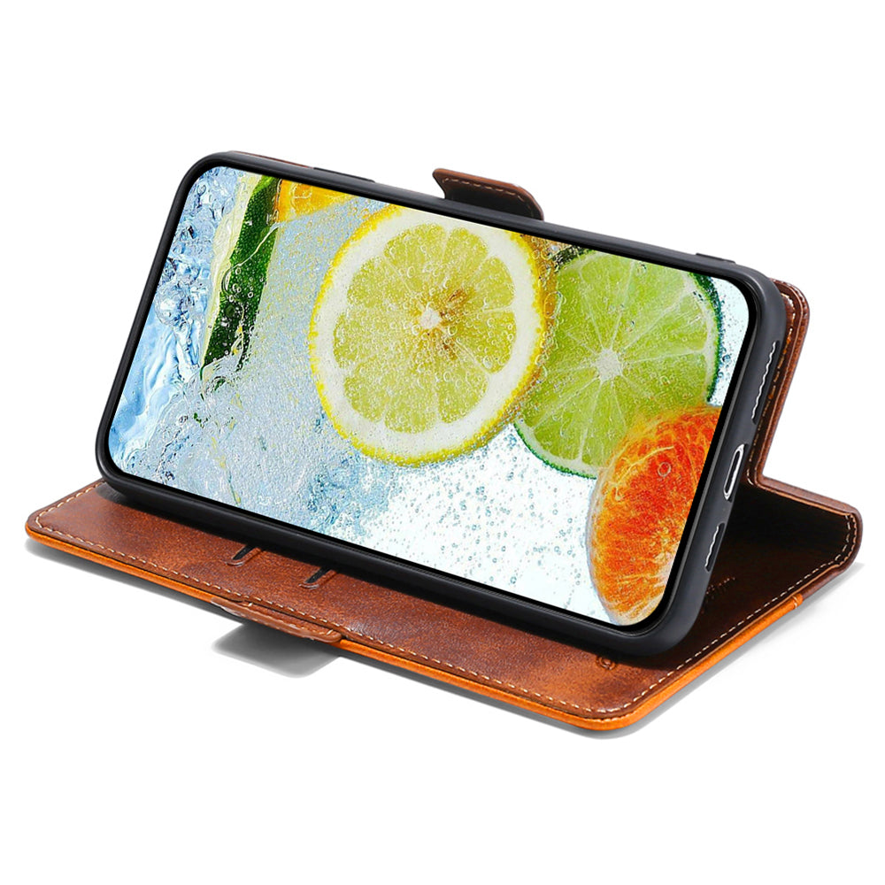 For Motorola Moto G34 5G Wallet Case Dual Color Splicing Leather Phone Cover - Dark Brown+Gold