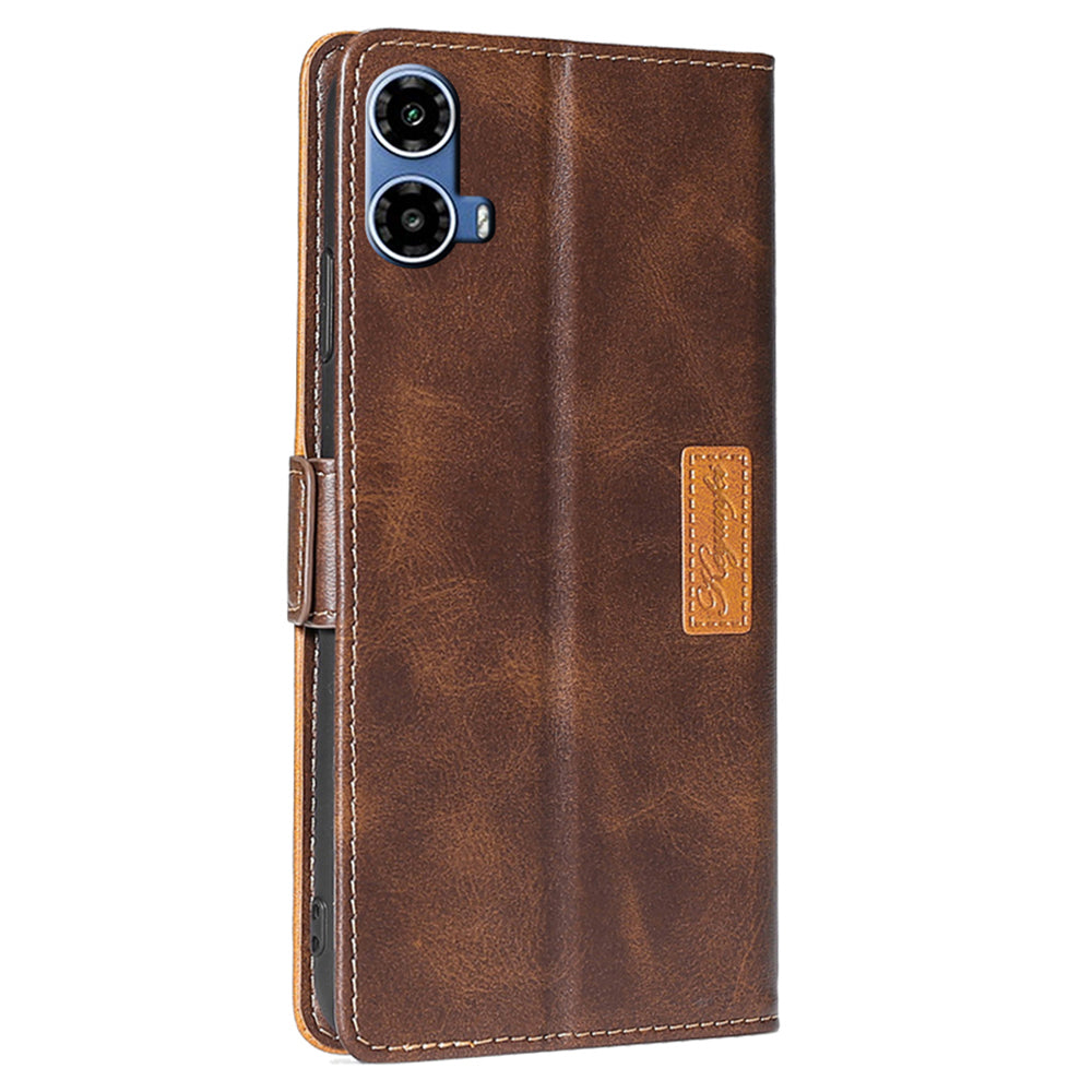For Motorola Moto G34 5G Wallet Case Dual Color Splicing Leather Phone Cover - Dark Brown+Gold