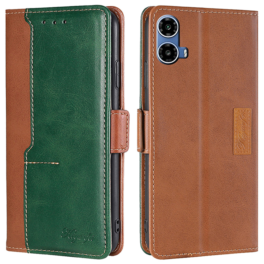For Motorola Moto G34 5G Wallet Case Dual Color Splicing Leather Phone Cover - Light Brown+Green