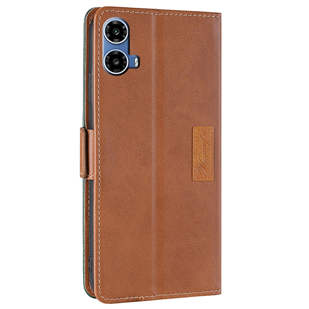 For Motorola Moto G34 5G Wallet Case Dual Color Splicing Leather Phone Cover - Light Brown+Green