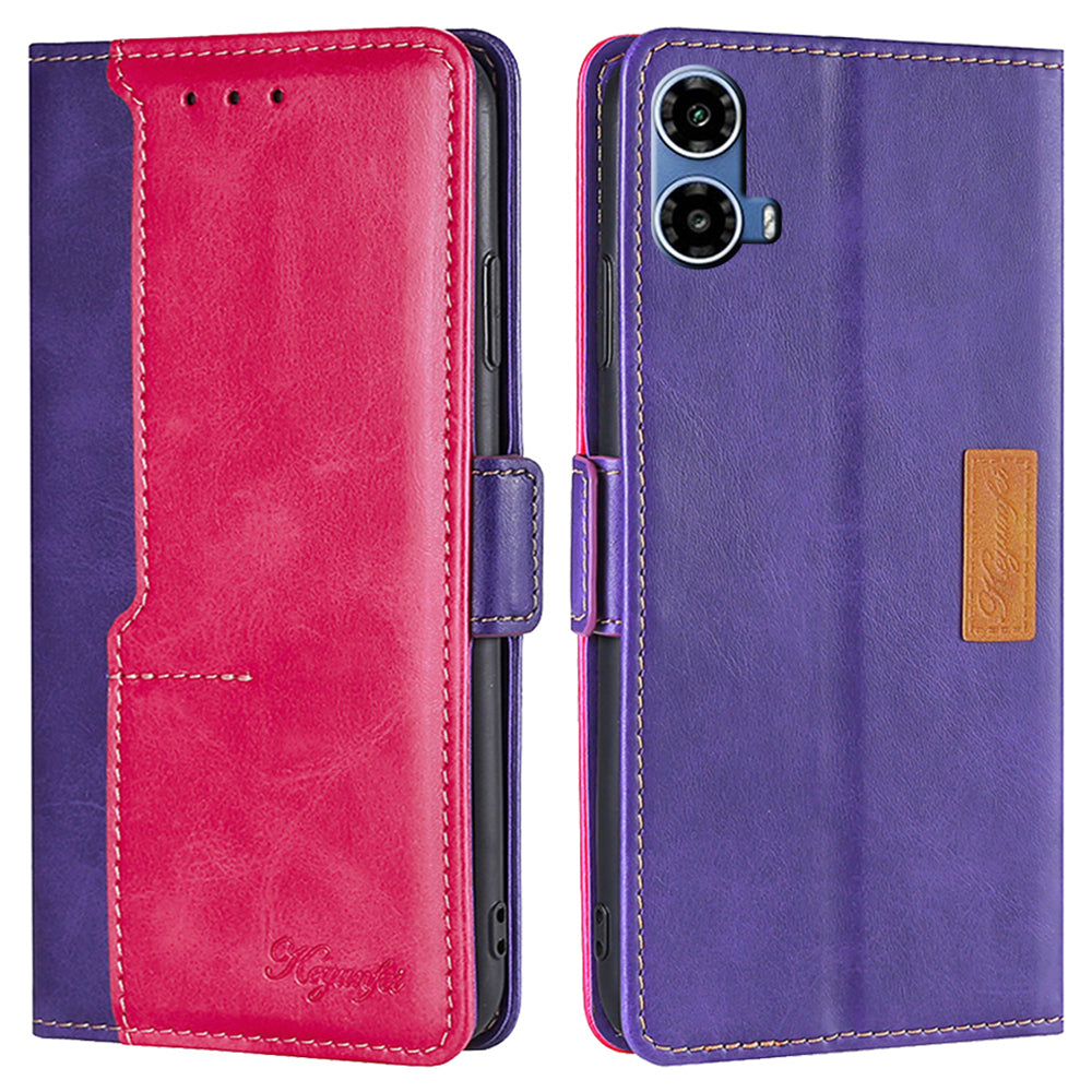 For Motorola Moto G34 5G Wallet Case Dual Color Splicing Leather Phone Cover - Rose+Purple