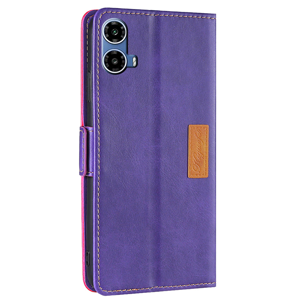 For Motorola Moto G34 5G Wallet Case Dual Color Splicing Leather Phone Cover - Rose+Purple