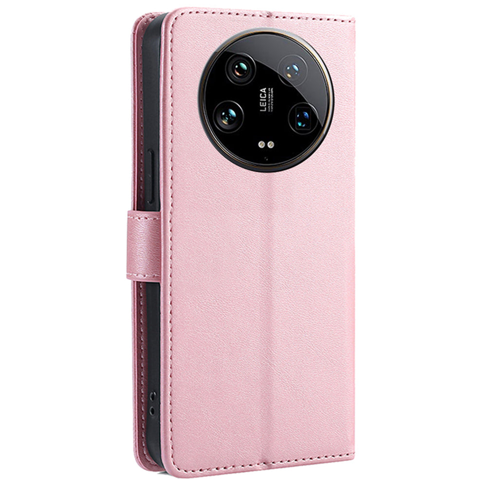 For Xiaomi 14 Ultra Magnetic Phone Case Wallet Stand PU Leather+TPU Cover - Rose Gold