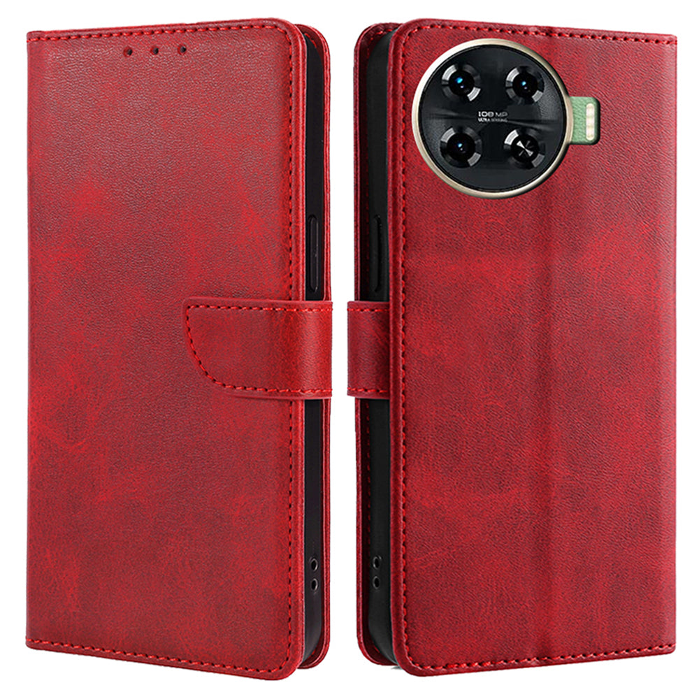 Leather Case for Transsion Tecno Spark 20 Pro+ Phone Shell Calf Texture Magnetic Wallet Cover - Red
