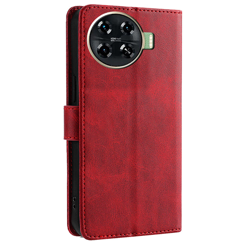 Leather Case for Transsion Tecno Spark 20 Pro+ Phone Shell Calf Texture Magnetic Wallet Cover - Red