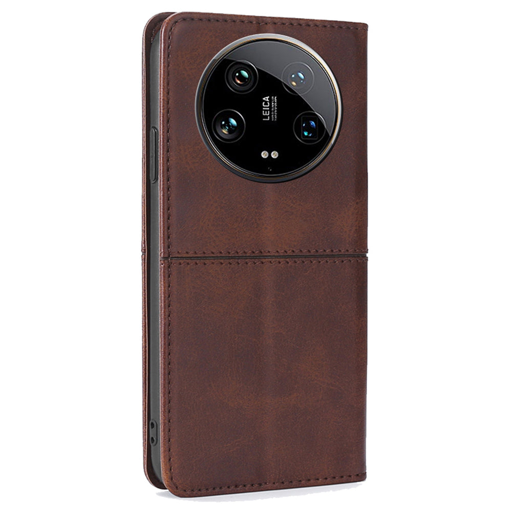 For Xiaomi 14 Ultra Leather Case Magnetic Closing Phone Cover Wholesale - Dark Brown
