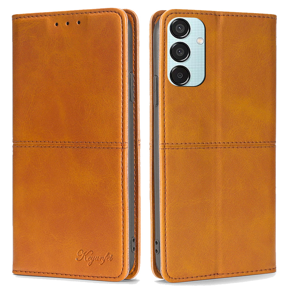 For Samsung Galaxy M15 5G Case Cowhide Texture PU Leather Phone Cover with Card Holder - Light Brown