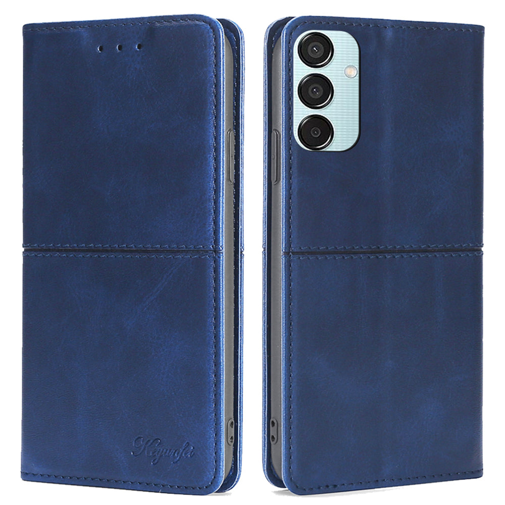 For Samsung Galaxy M15 5G Case Cowhide Texture PU Leather Phone Cover with Card Holder - Blue