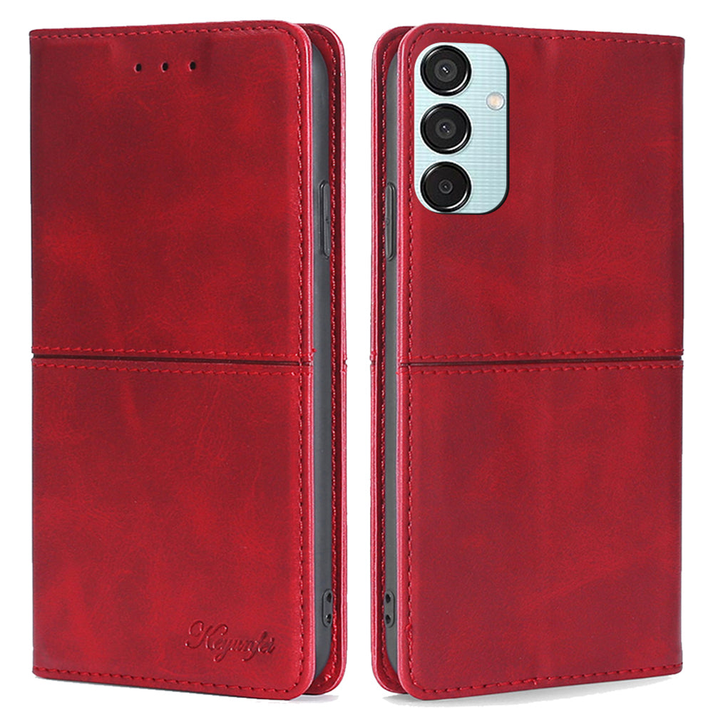 For Samsung Galaxy M15 5G Case Cowhide Texture PU Leather Phone Cover with Card Holder - Red