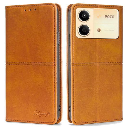 For Xiaomi Redmi Note 13R Pro 5G Case PU Leather Magnetic Closure Protective Phone Cover Cowhide Texture - Light Brown