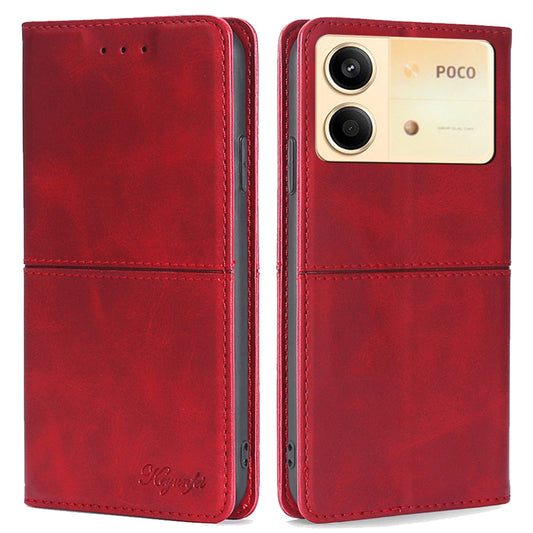 For Xiaomi Redmi Note 13R Pro 5G Case PU Leather Magnetic Closure Protective Phone Cover Cowhide Texture - Red