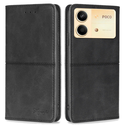 For Xiaomi Redmi Note 13R Pro 5G Case PU Leather Magnetic Closure Protective Phone Cover Cowhide Texture - Black