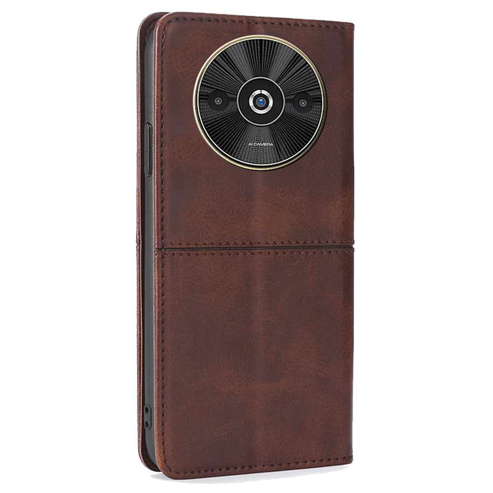 For Xiaomi Redmi A3 / Poco C61 4G Case PU Leather Stand Magnetic Closure Shockproof Phone Cover - Dark Brown