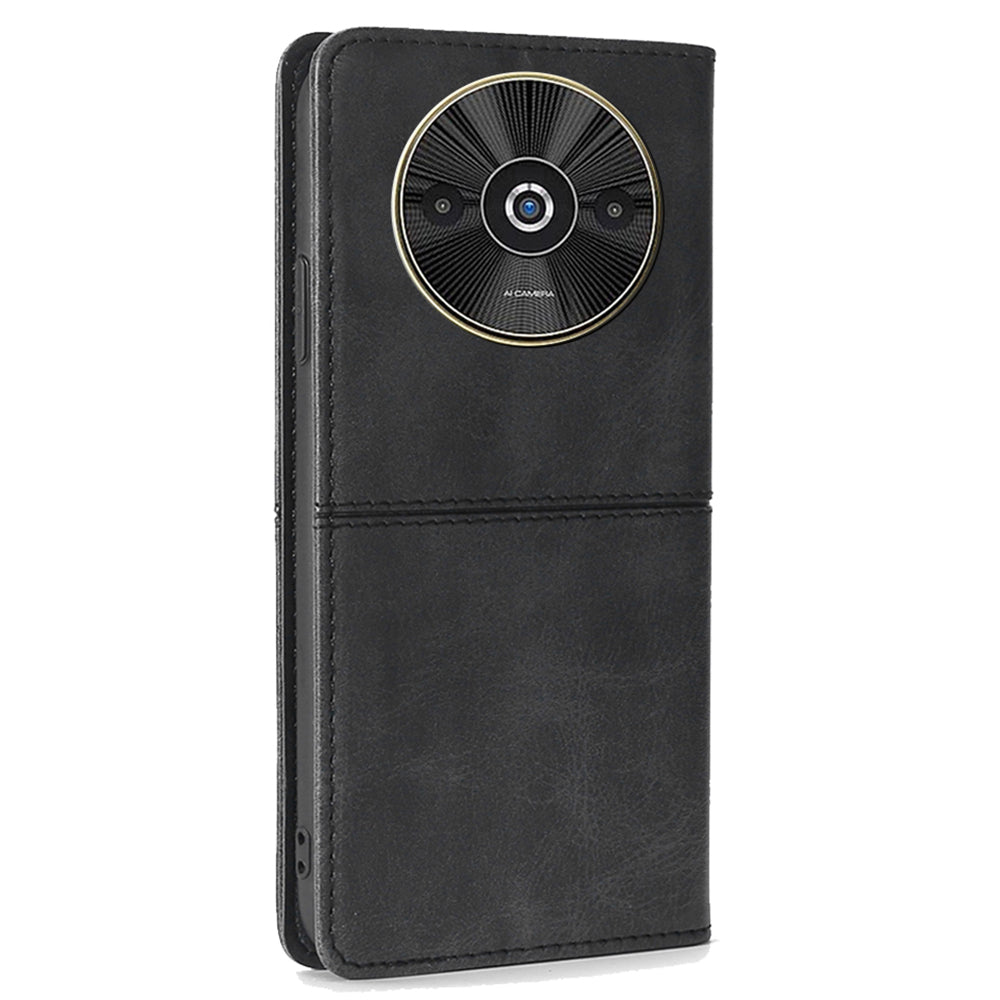For Xiaomi Redmi A3 / Poco C61 4G Case PU Leather Stand Magnetic Closure Shockproof Phone Cover - Black