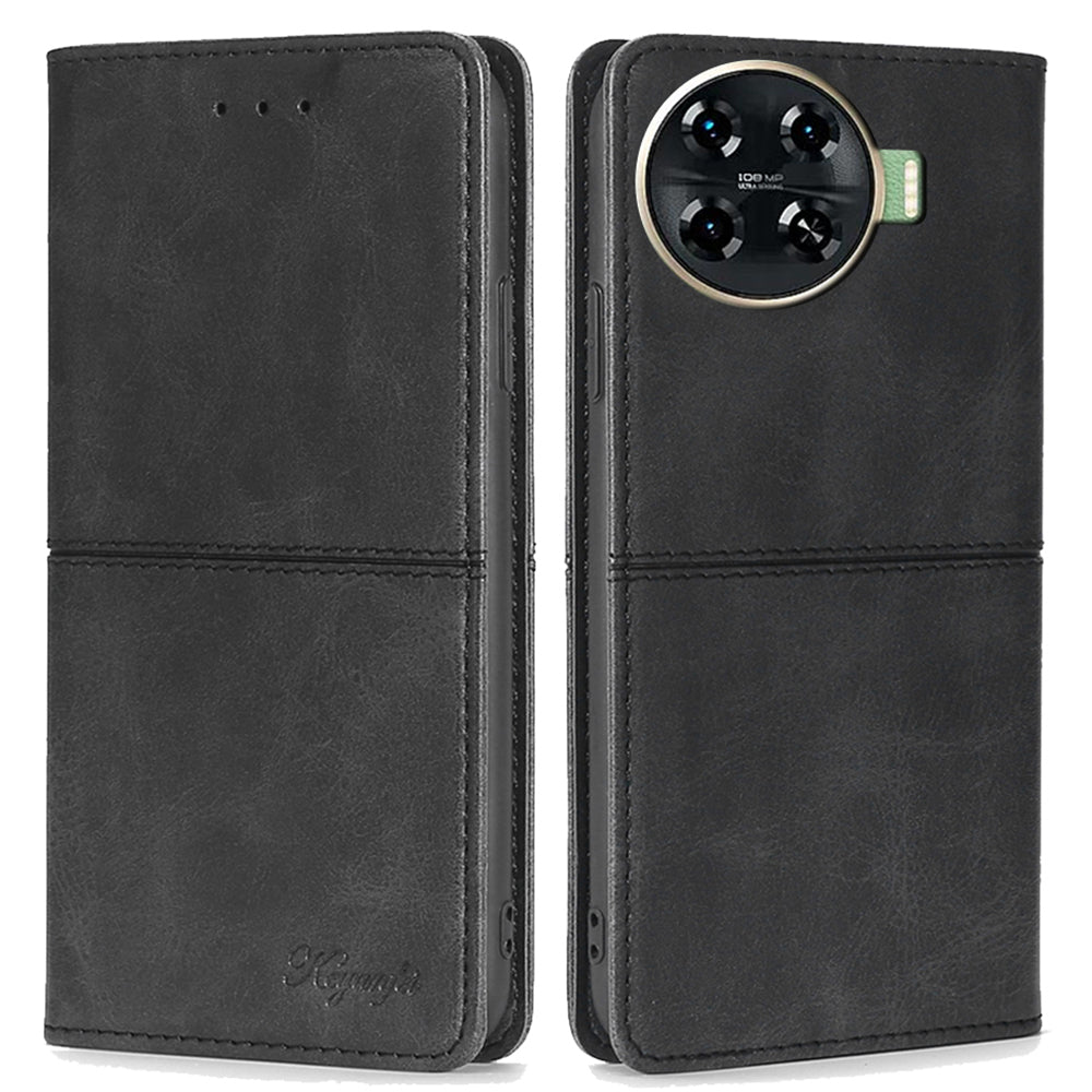 For Transsion Tecno Spark 20 Pro+ Case PU Leather Stand Folio Cowhide Texture Phone Cover - Black