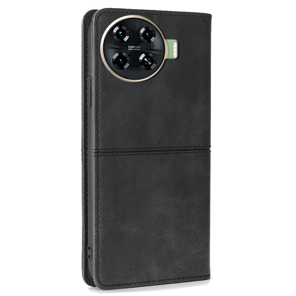 For Transsion Tecno Spark 20 Pro+ Case PU Leather Stand Folio Cowhide Texture Phone Cover - Black