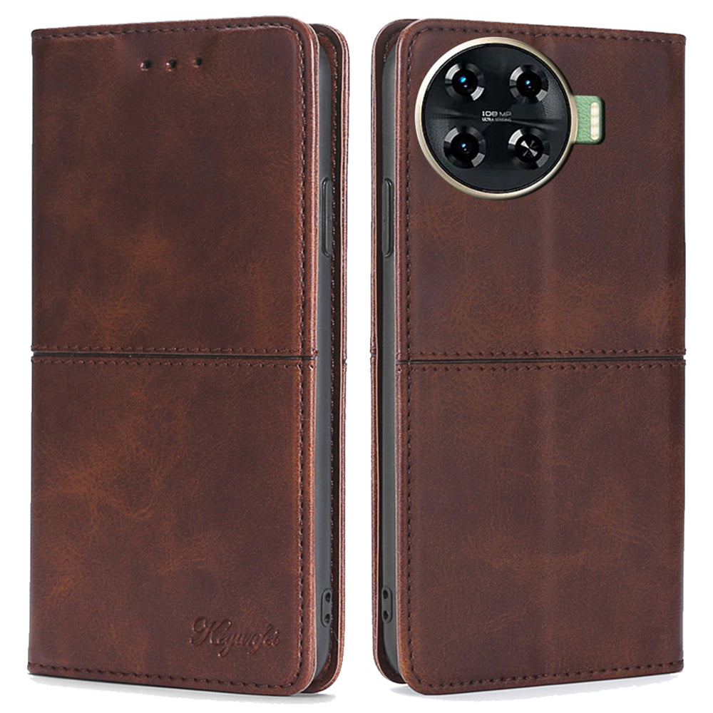 For Transsion Tecno Spark 20 Pro+ Case PU Leather Stand Folio Cowhide Texture Phone Cover - Dark Brown
