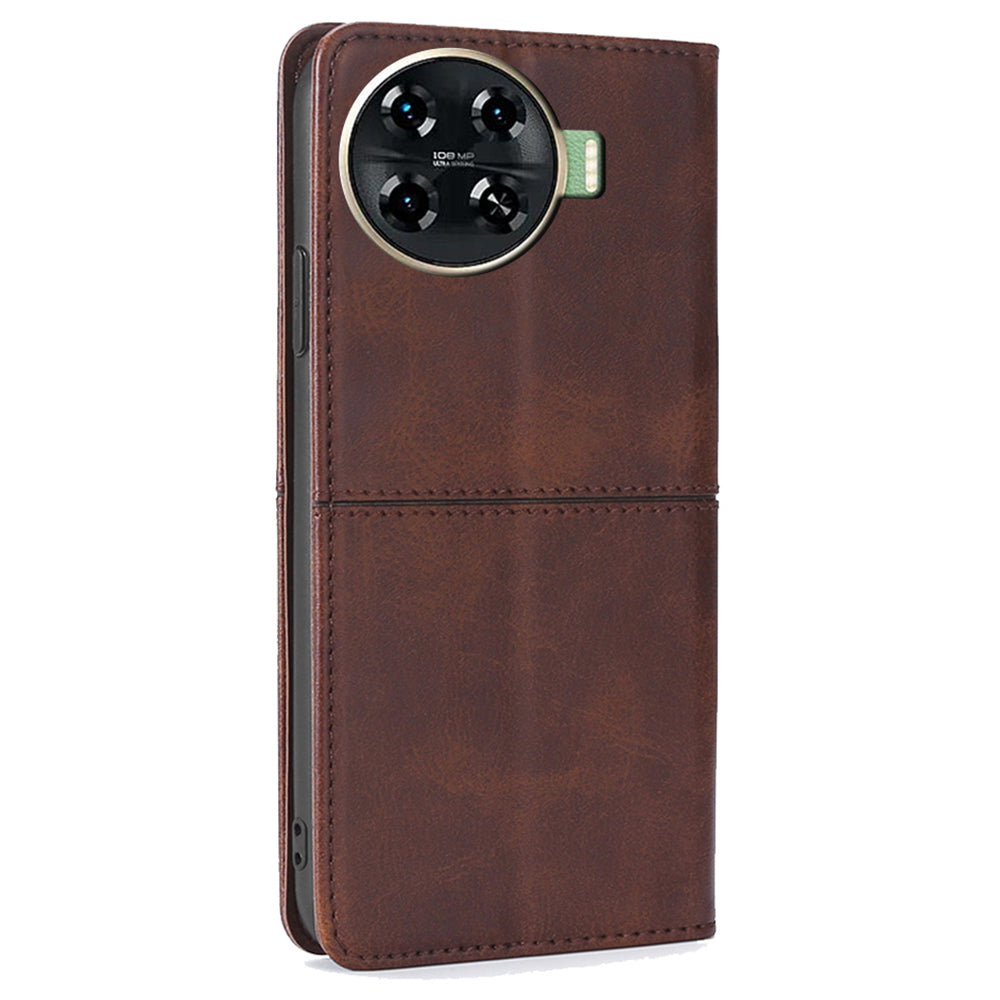 For Transsion Tecno Spark 20 Pro+ Case PU Leather Stand Folio Cowhide Texture Phone Cover - Dark Brown