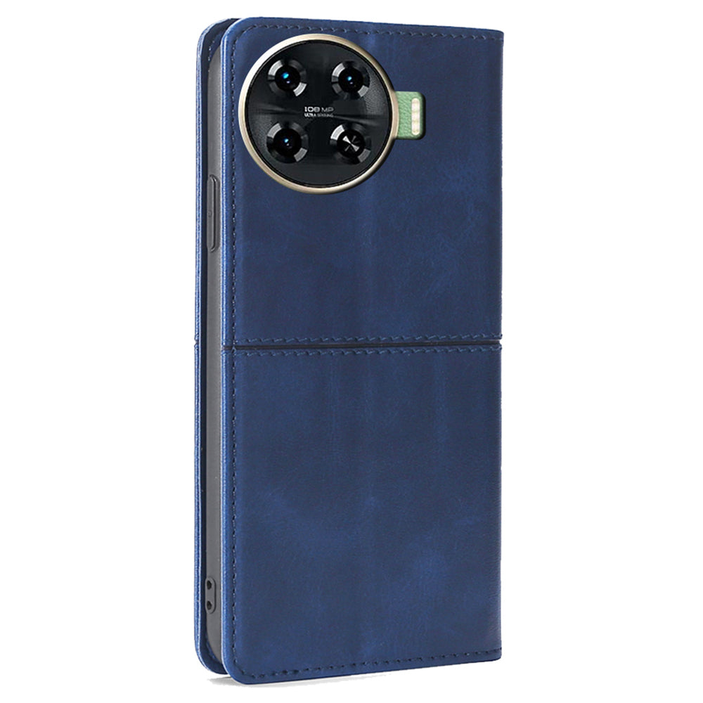For Transsion Tecno Spark 20 Pro+ Case PU Leather Stand Folio Cowhide Texture Phone Cover - Blue
