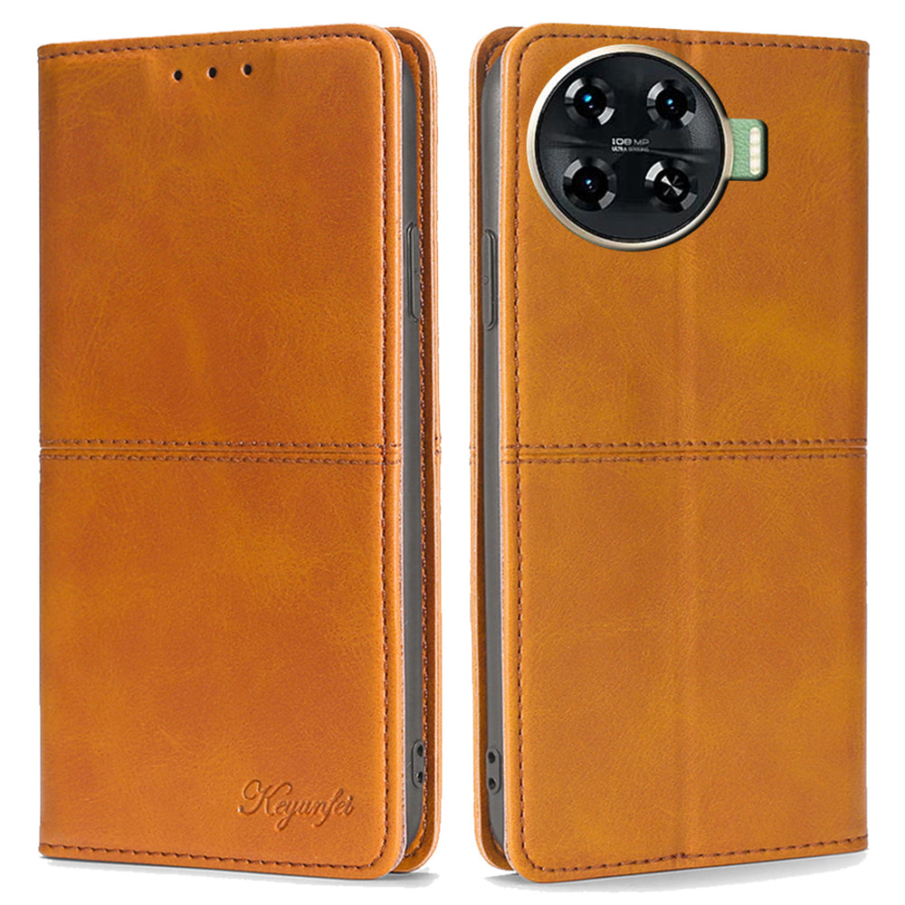 For Transsion Tecno Spark 20 Pro+ Case PU Leather Stand Folio Cowhide Texture Phone Cover - Light Brown