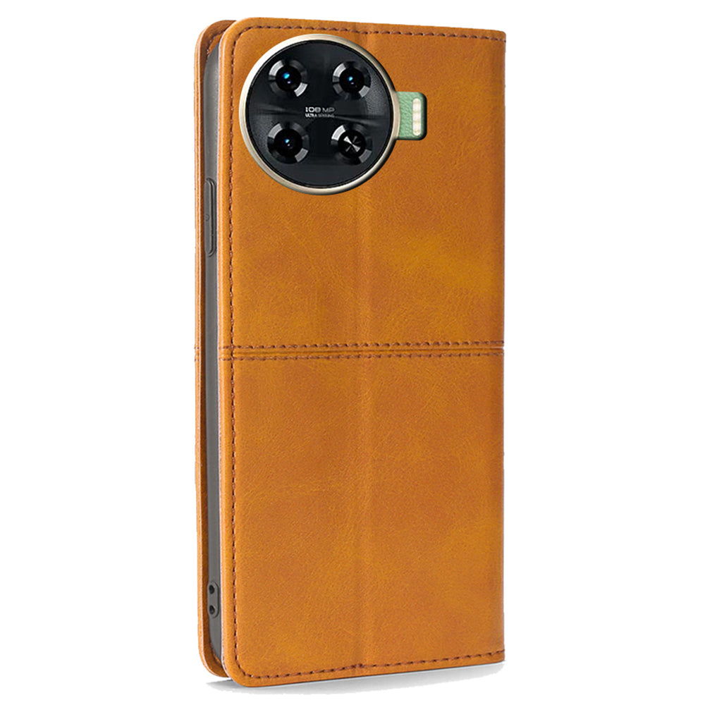 For Transsion Tecno Spark 20 Pro+ Case PU Leather Stand Folio Cowhide Texture Phone Cover - Light Brown