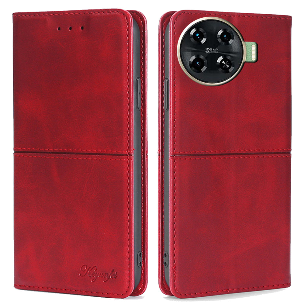 For Transsion Tecno Spark 20 Pro+ Case PU Leather Stand Folio Cowhide Texture Phone Cover - Red