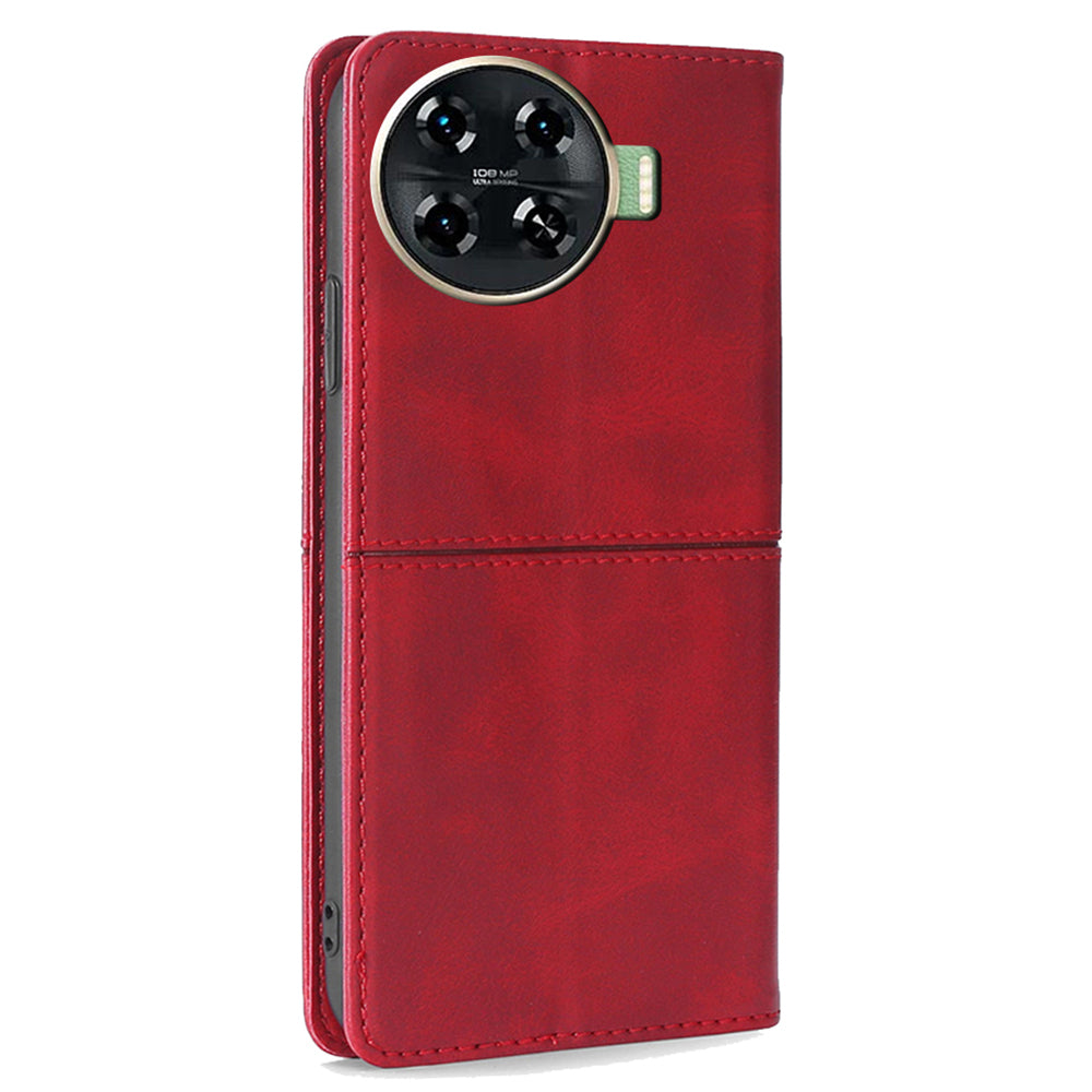 For Transsion Tecno Spark 20 Pro+ Case PU Leather Stand Folio Cowhide Texture Phone Cover - Red