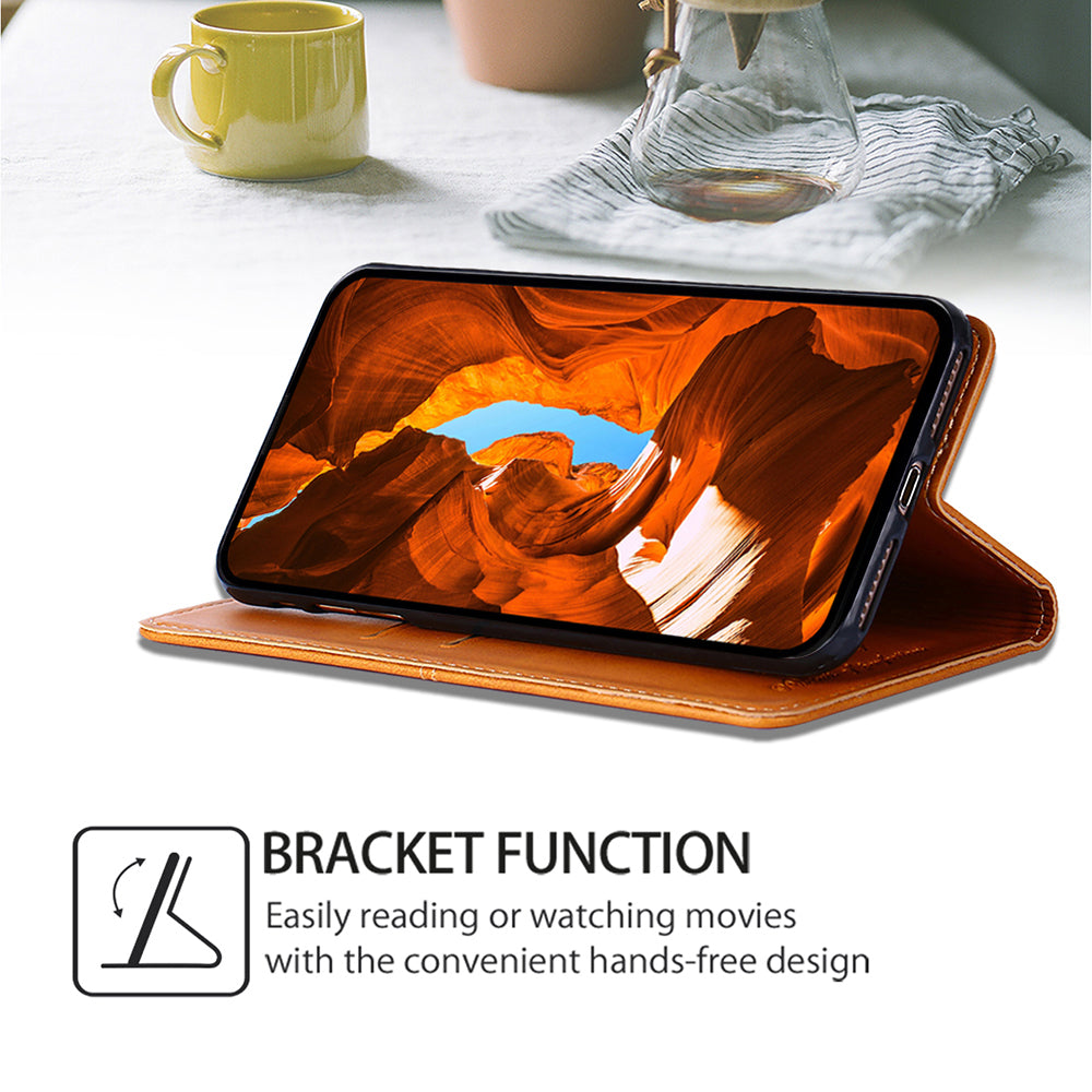 For Realme 12+ 5G Case Collection PU Leather Cowhide Texture Phone Cover with Card Holder - Light Brown