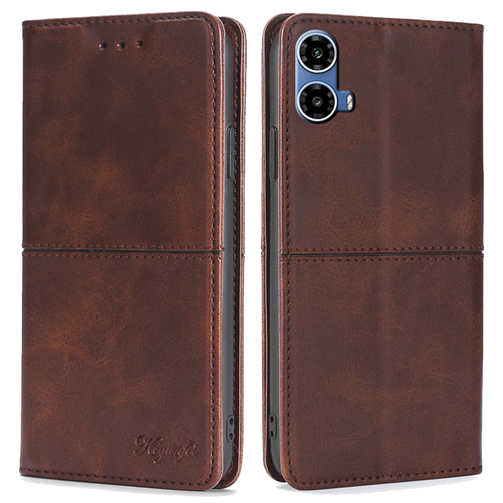 For Motorola Moto G34 5G Case Cowhide Texture Leather Auto Magnetic Closed Phone Cover - Dark Brown