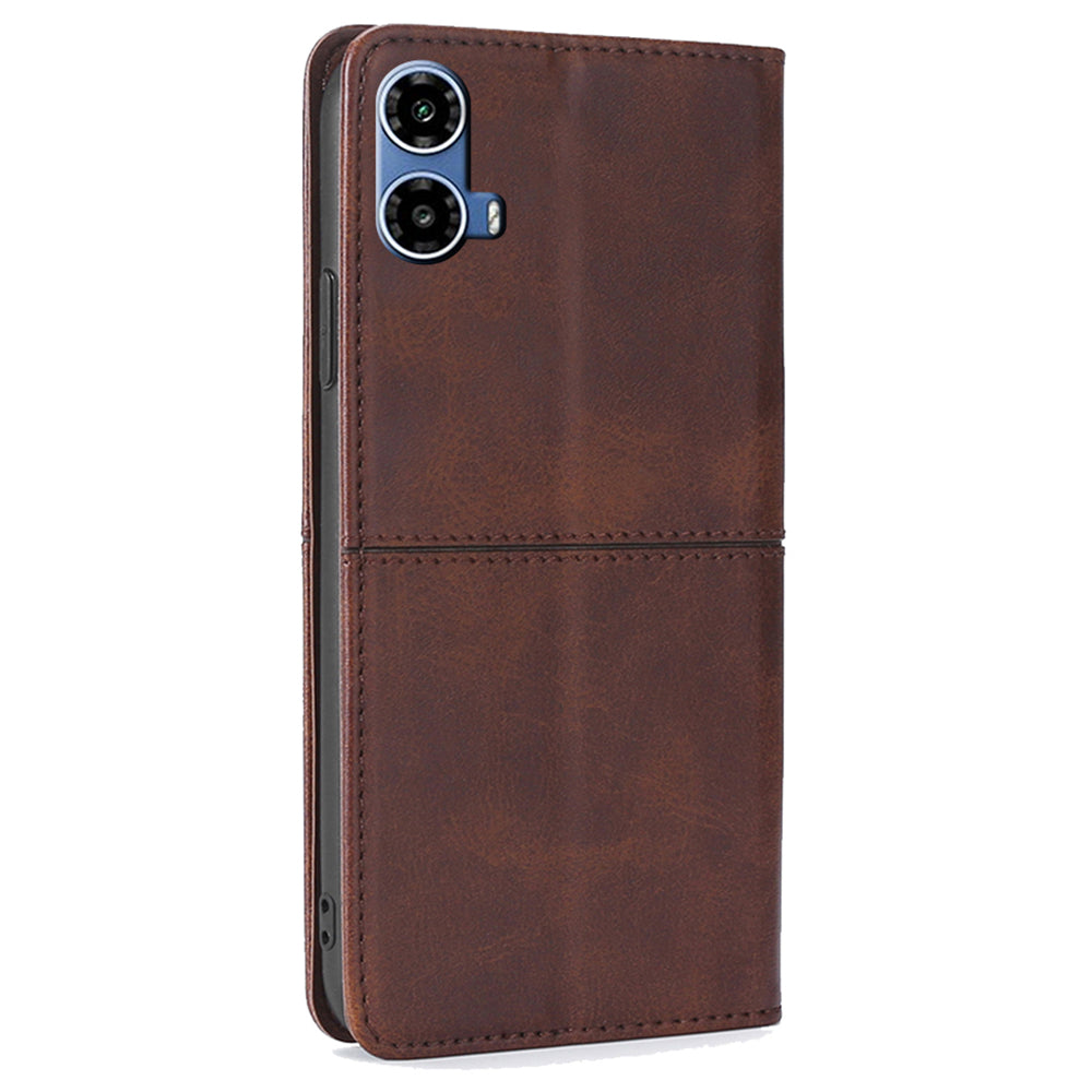 For Motorola Moto G34 5G Case Cowhide Texture Leather Auto Magnetic Closed Phone Cover - Dark Brown