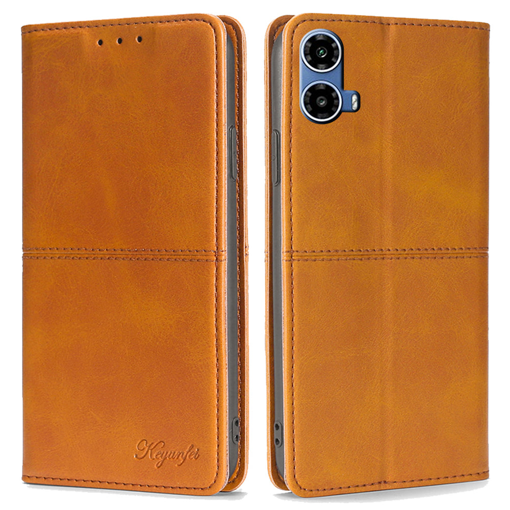 For Motorola Moto G34 5G Case Cowhide Texture Leather Auto Magnetic Closed Phone Cover - Light Brown