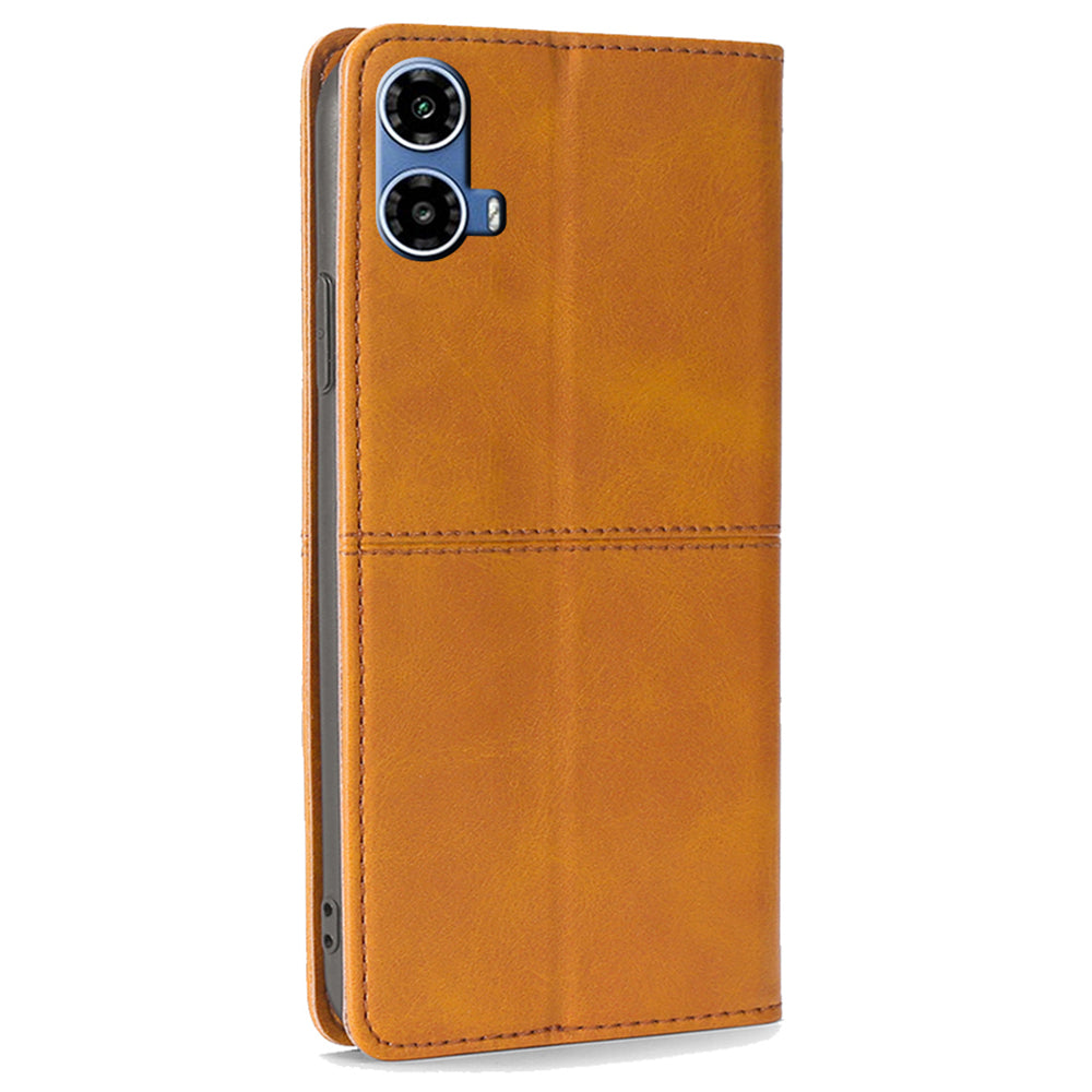 For Motorola Moto G34 5G Case Cowhide Texture Leather Auto Magnetic Closed Phone Cover - Light Brown