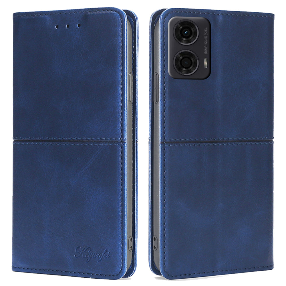 For Motorola Moto G24 4G / Moto G04 4G Case Cowhide Texture Leather Card Holder Shockproof Phone Cover - Blue