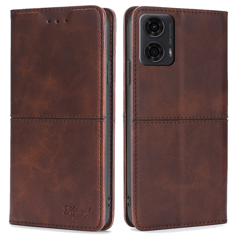 For Motorola Moto G24 4G / Moto G04 4G Case Cowhide Texture Leather Card Holder Shockproof Phone Cover - Dark Brown