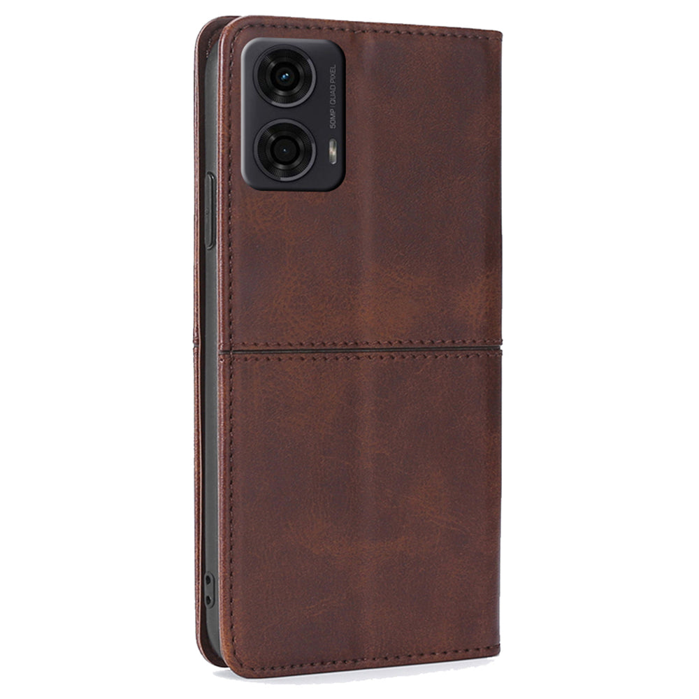 For Motorola Moto G24 4G / Moto G04 4G Case Cowhide Texture Leather Card Holder Shockproof Phone Cover - Dark Brown