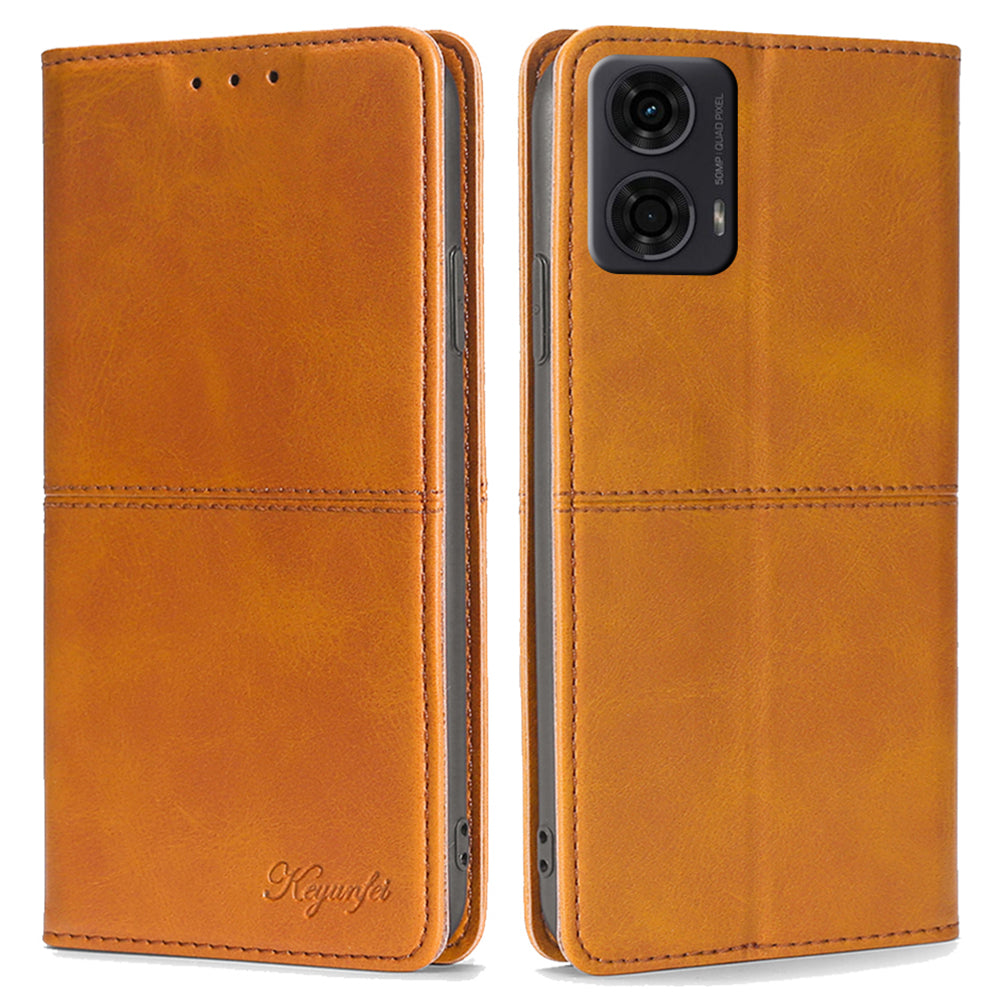 For Motorola Moto G24 4G / Moto G04 4G Case Cowhide Texture Leather Card Holder Shockproof Phone Cover - Light Brown