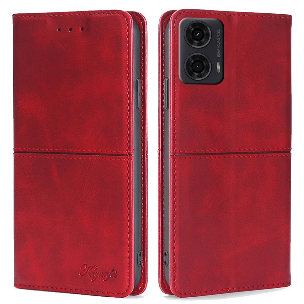 For Motorola Moto G24 4G / Moto G04 4G Case Cowhide Texture Leather Card Holder Shockproof Phone Cover - Red