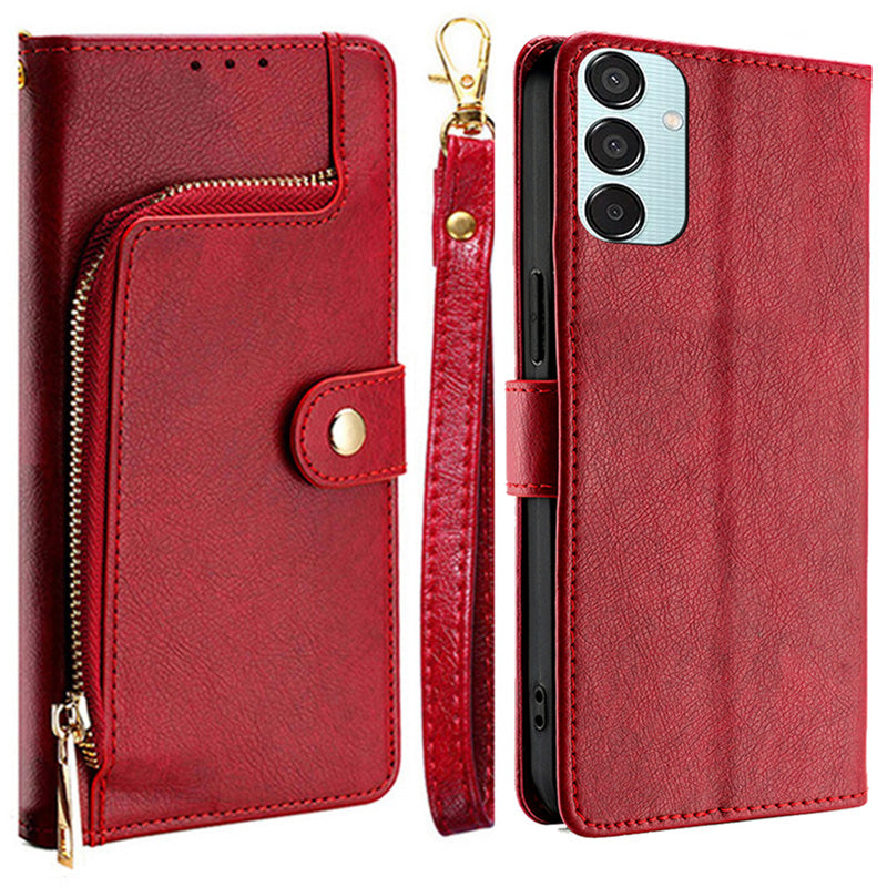 For Samsung Galaxy M15 5G Case Zipper Pocket Shock-absorbent Leather Wallet Phone Cover - Red