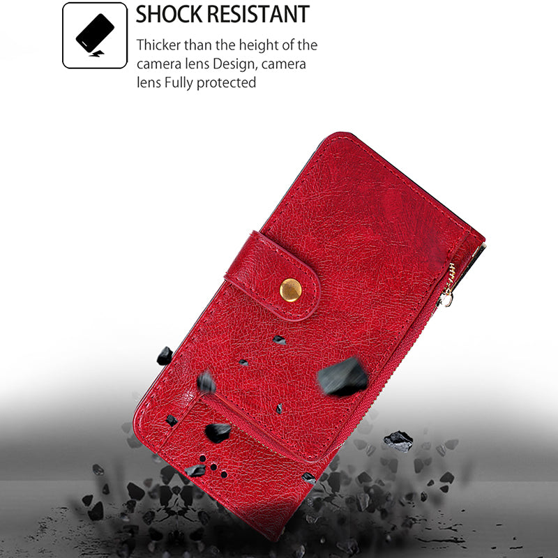For Samsung Galaxy M15 5G Case Zipper Pocket Shock-absorbent Leather Wallet Phone Cover - Red