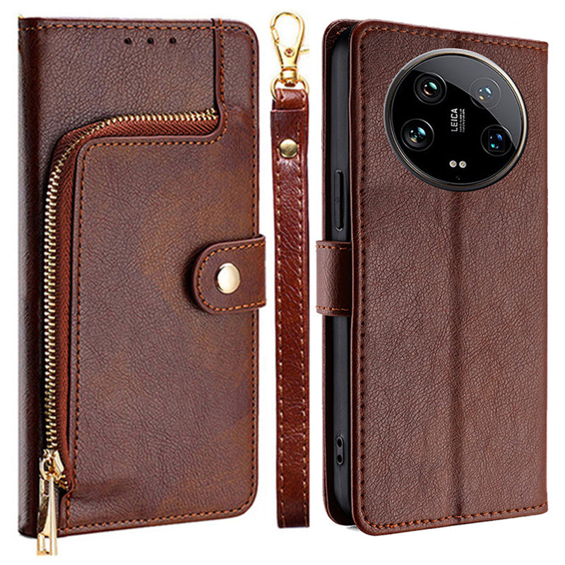 For Xiaomi 14 Ultra Phone Shell Zipper Wallet Leather Stand Case with Hand Strap - Brown