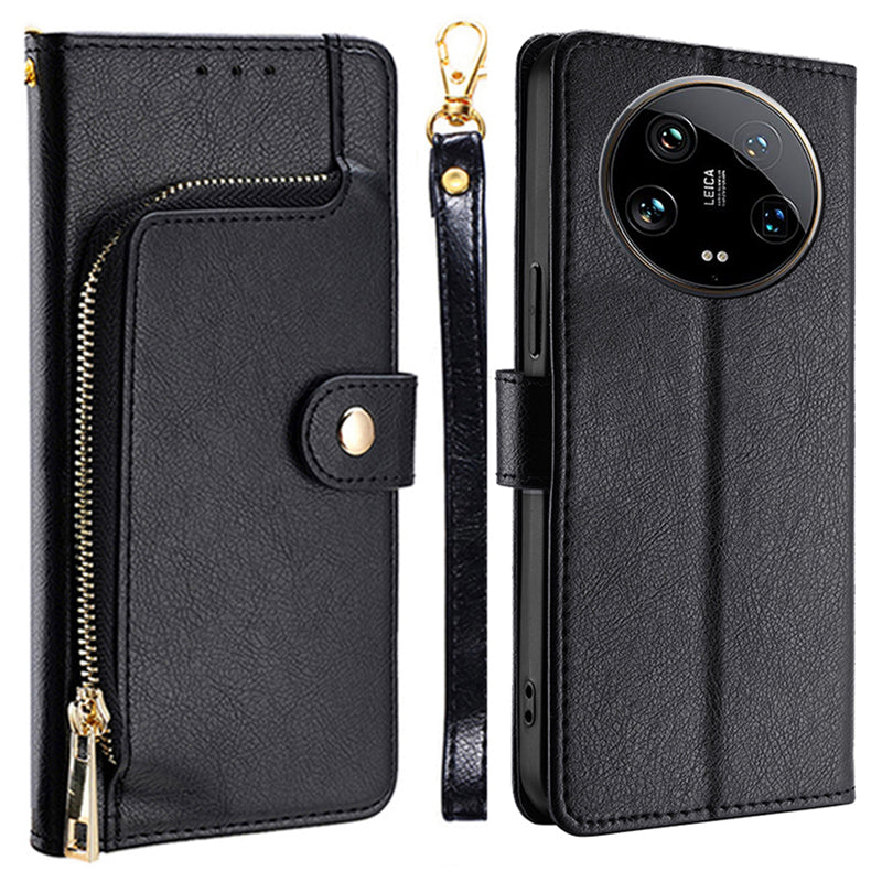 For Xiaomi 14 Ultra Phone Shell Zipper Wallet Leather Stand Case with Hand Strap - Black